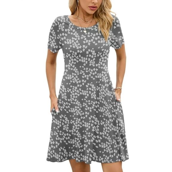 Chiclily Women's Summer Dresses Casual T Shirt Dresses Grey Sakura Medium Short Sleeve Flowy Beach Sundress with Pockets
