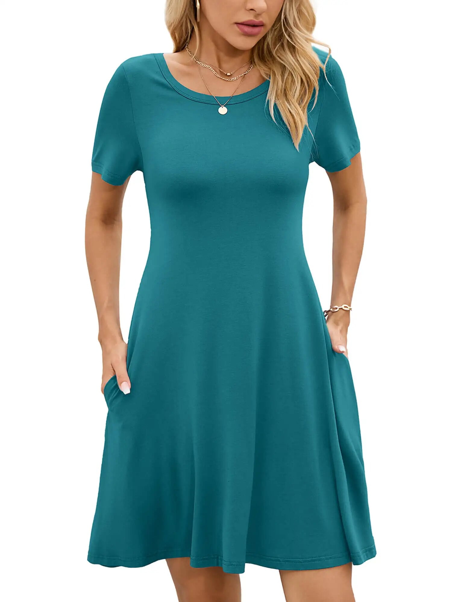 Chiclily Women's Summer Dresses Casual T Shirt Dresses Lake Blue Large