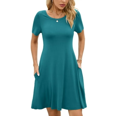 Chiclily Women's Summer Dresses Casual T Shirt Dresses Lake Blue Large Short Sleeve Flowy Beach Sundress with Pockets