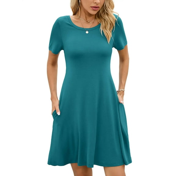 Chiclily Women's Summer Dresses Casual T Shirt Dresses Lake Blue Small Short Sleeve Flowy Beach Sundress with Pockets