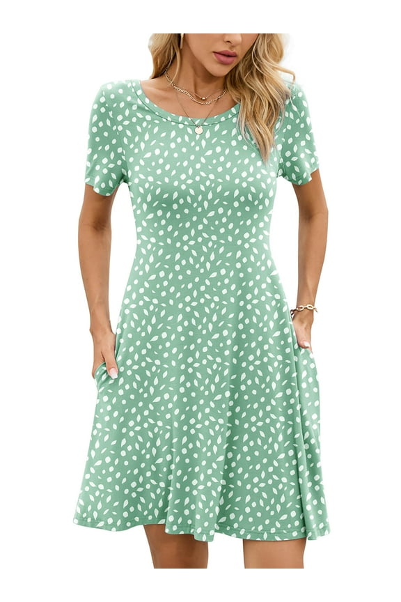 Women's Summer Dresses Casual T Shirt Dresses Leaves Large Short Sleeve Flowy Beach Sundress with Pockets