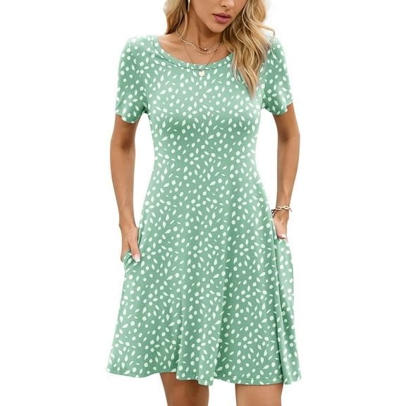 Chiclily Women's Summer Dresses Casual T Shirt Dresses Leaves Small Short Sleeve Flowy Beach Sundress with Pockets