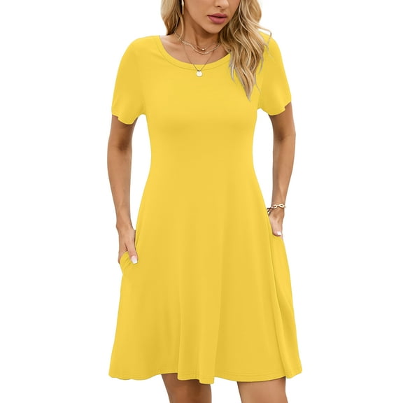 Chiclily Women's Summer Dresses Casual T Shirt Dresses Light Yellow XL Short Sleeve Flowy Beach Sundress with Pockets