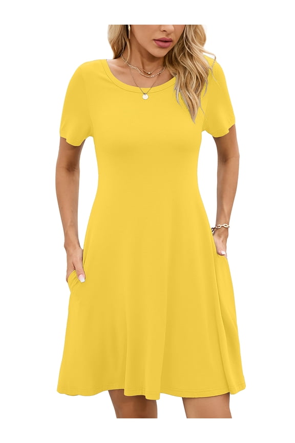 Women's Summer Dresses Casual T Shirt Dresses Light Yellow XL Short Sleeve Flowy Beach Sundress with Pockets