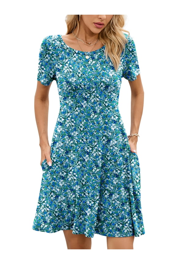 Women's Summer Dresses Casual T Shirt Dresses Monet Garden Large Short Sleeve Flowy Beach Sundress with Pockets