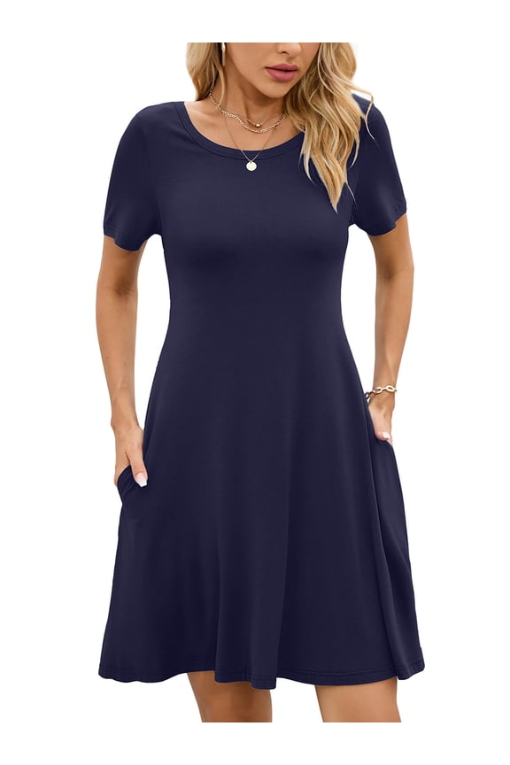 Women's Summer Dresses Casual T Shirt Dresses Navy Blue Large Short Sleeve Flowy Beach Sundress with Pockets