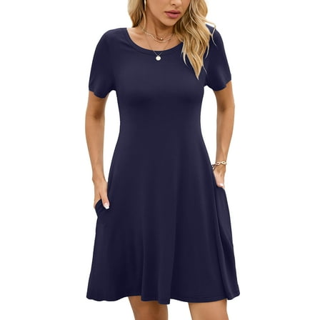 Chiclily Women's Summer Dresses Casual T Shirt Dresses Navy Blue XL Short Sleeve Flowy Beach Sundress with Pockets