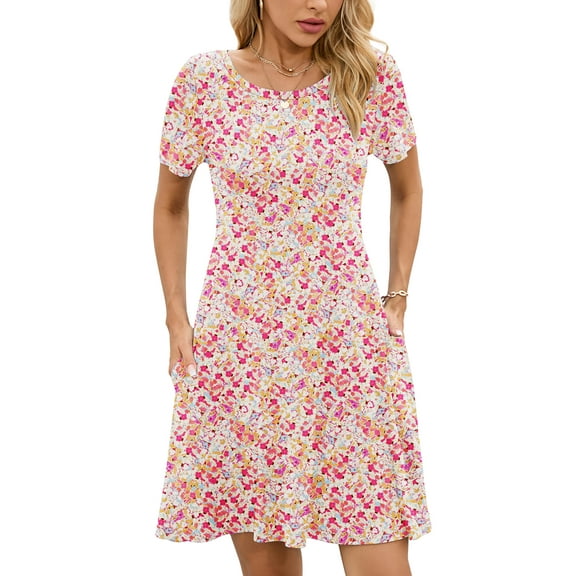 Chiclily Women's Summer Dresses Casual T Shirt Dresses Pastel Floral Medium Short Sleeve Flowy Beach Sundress with Pockets
