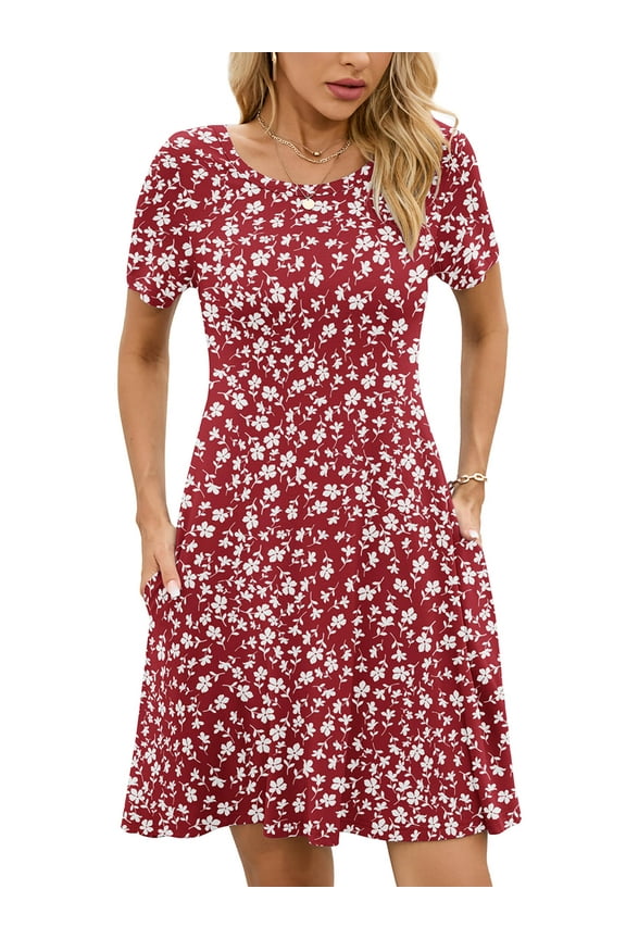 Women's Summer Dresses Casual T Shirt Dresses Peach Blossom Large Short Sleeve Flowy Beach Sundress with Pockets