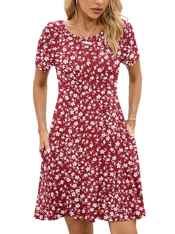Women's Summer Dresses Casual T Shirt Dresses Peach Blossom Large Short Sleeve Flowy Beach Sundress with Pockets