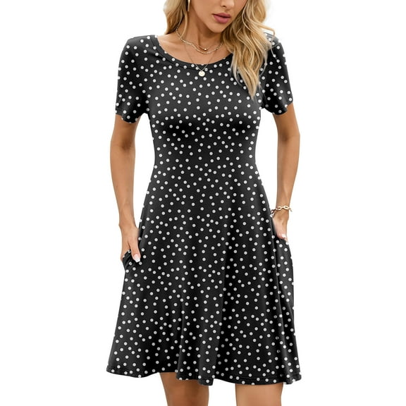 Chiclily Women's Summer Dresses Casual T Shirt Dresses Polka Dot Black 2XL Short Sleeve Flowy Beach Sundress with Pockets