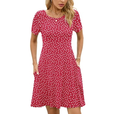 Chiclily Women's Summer Dresses Casual T Shirt Dresses Polkadots Red Large Short Sleeve Flowy Beach Sundress with Pockets