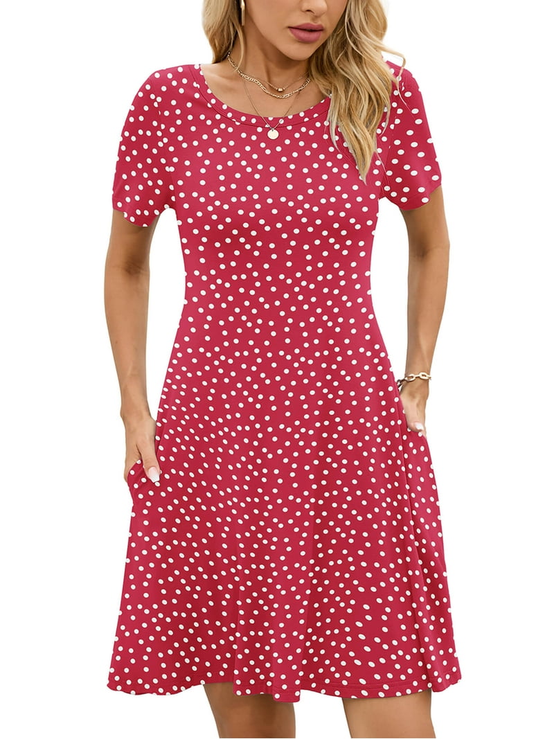 Chiclily Women's Summer Dresses Casual T Shirt Dresses Polkadots Red Medium Short Sleeve Flowy Beach Sundress with Pockets
