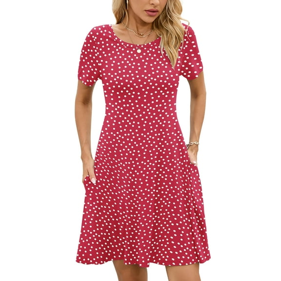 Chiclily Women's Summer Dresses Casual T Shirt Dresses Polkadots Red Medium Short Sleeve Flowy Beach Sundress with Pockets