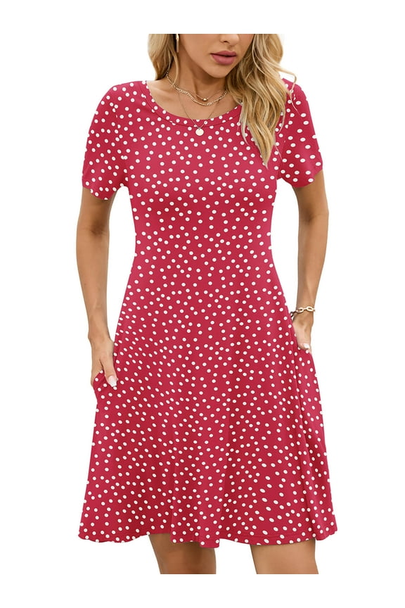 Women's Summer Dresses Casual T Shirt Dresses Polkadots Red Medium Short Sleeve Flowy Beach Sundress with Pockets