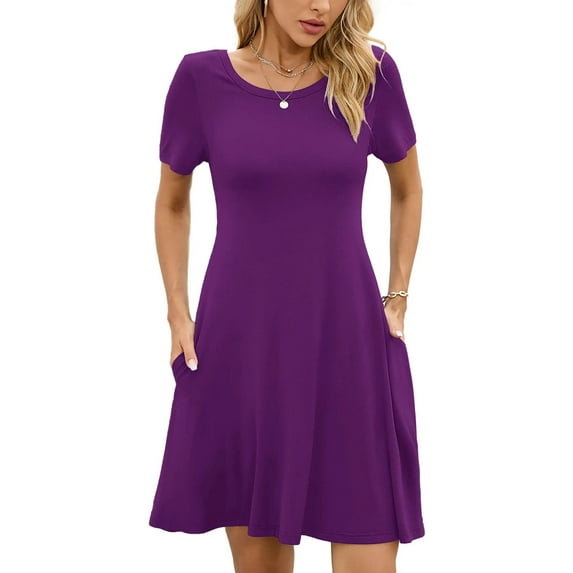Chiclily Women's Summer Dresses Casual T Shirt Dresses Purple 2XL Short Sleeve Flowy Beach Sundress with Pockets