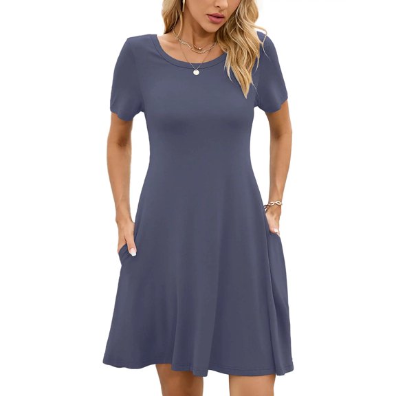 Chiclily Women's Summer Dresses Casual T Shirt Dresses Purple Gray Small Short Sleeve Flowy Beach Sundress with Pockets