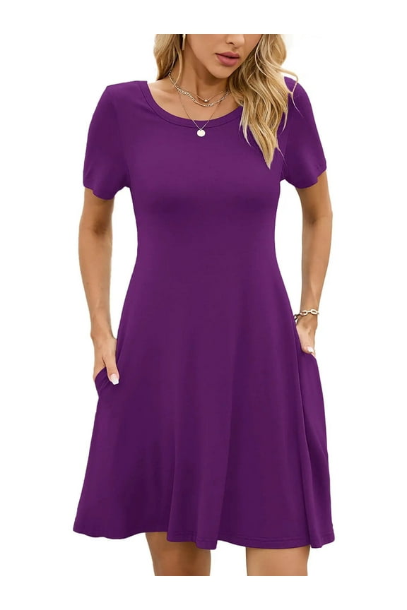 Women's Summer Dresses Casual T Shirt Dresses Purple Large Short Sleeve Flowy Beach Sundress with Pockets