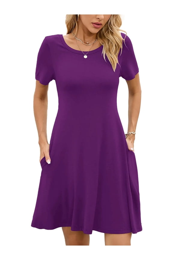 Women's Summer Dresses Casual T Shirt Dresses Purple XL Short Sleeve Flowy Beach Sundress with Pockets
