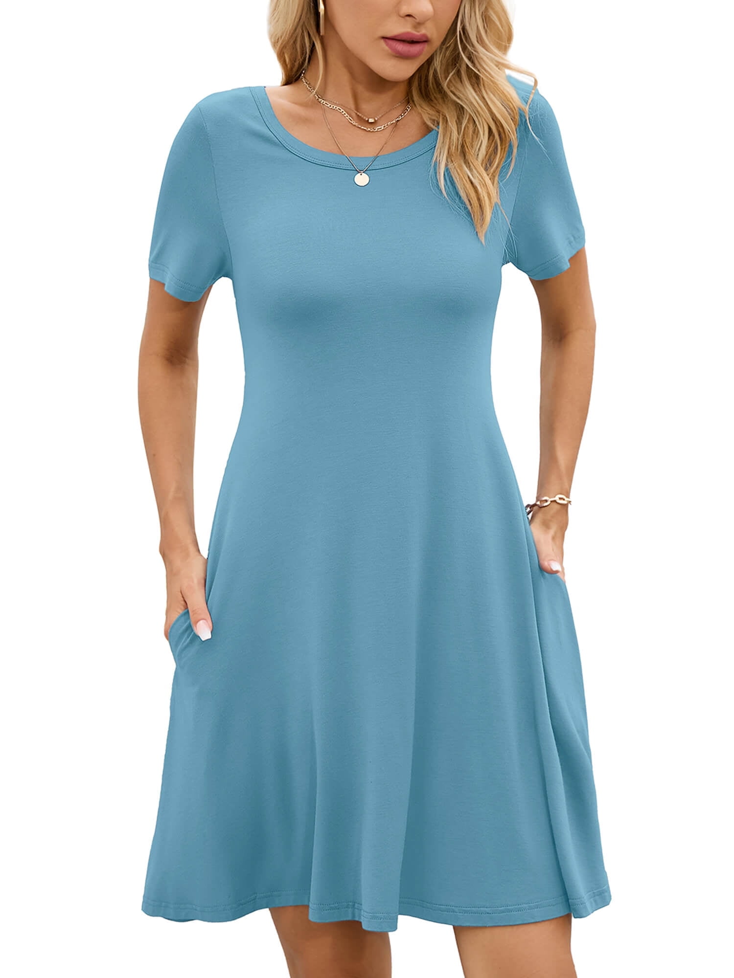 Chiclily Women's Summer Dresses Casual T Shirt Dresses Rackley Blue Small Short Sleeve Flowy Beach Sundress with Pockets