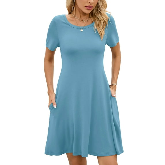 Chiclily Women's Summer Dresses Casual T Shirt Dresses Rackley Blue Small Short Sleeve Flowy Beach Sundress with Pockets