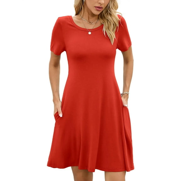 Chiclily Women's Summer Dresses Casual T Shirt Dresses Red Large Short Sleeve Flowy Beach Sundress with Pockets