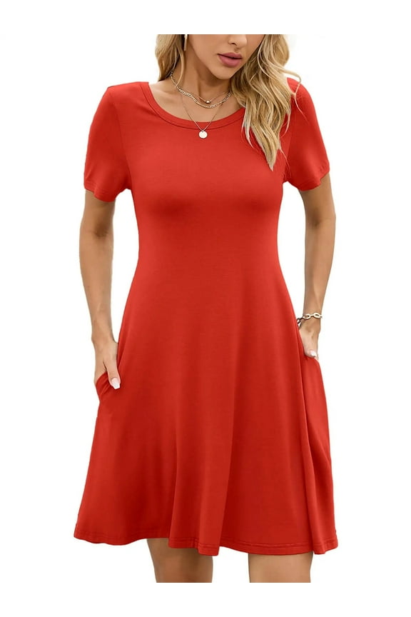 Women's Summer Dresses Casual T Shirt Dresses Red Large Short Sleeve Flowy Beach Sundress with Pockets
