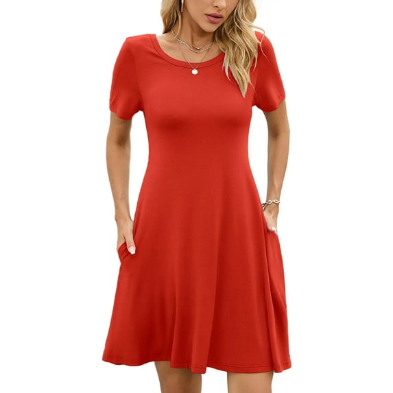 Chiclily Women's Summer Dresses Casual T Shirt Dresses Red XL Short Sleeve Flowy Beach Sundress with Pockets