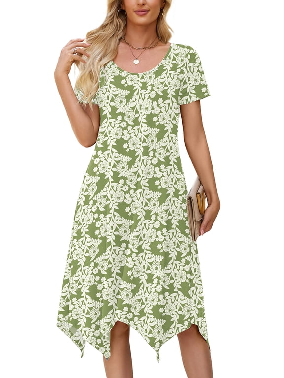 Women's Short Sleeve Summer Swing Dress, Casual Loose T-Shirt Dress with Pockets, Irregular Hem Floral Midi Sundress, Size L