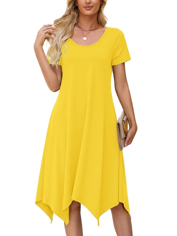 Women's Short Sleeve Summer Swing Dress, Casual Loose T-Shirt Dress with Pockets, Irregular Hem Yellow Midi Sundress, Size L