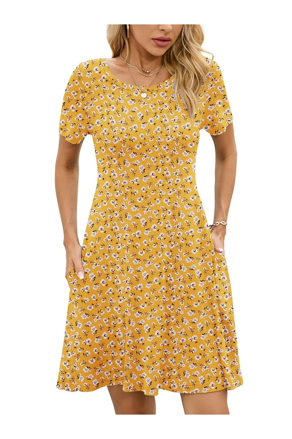 Women's Summer Dresses Casual T Shirt Dresses Yellow White Flower Large Short Sleeve Flowy Beach Sundress with Pockets