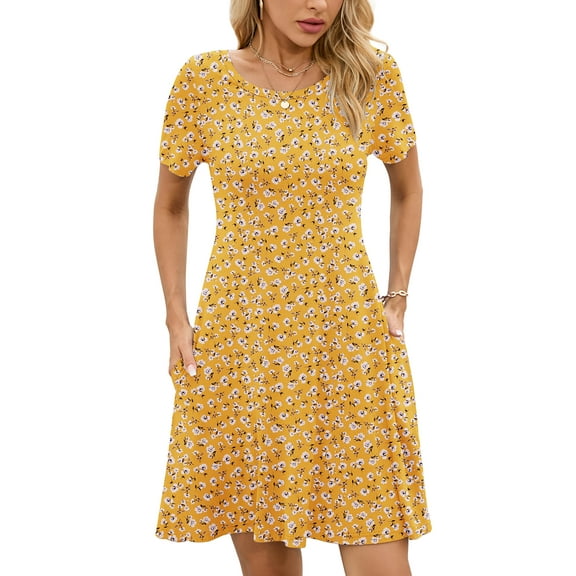 Chiclily Women's Summer Dresses Casual T Shirt Dresses Yellow White Flower Medium Short Sleeve Flowy Beach Sundress with Pockets