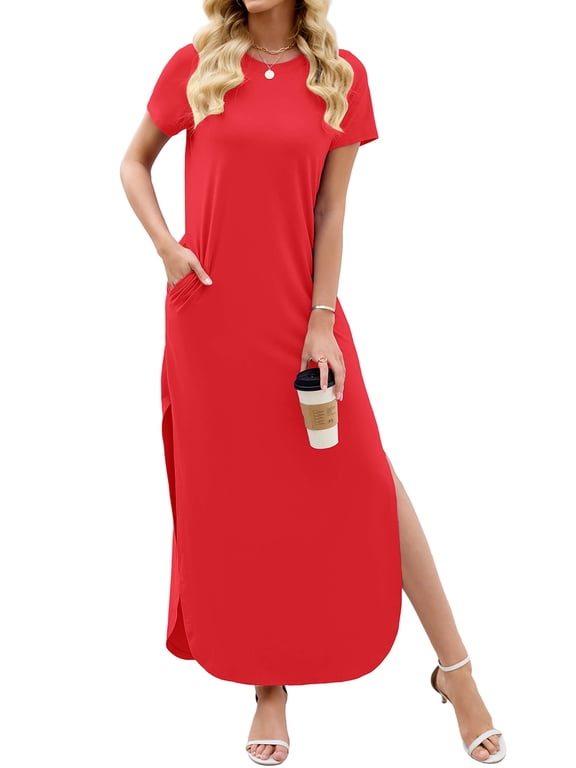 Women's Summer Maxi Dress Loose Short Sleeve T-Shirt Long Dress Casual Side Split Sundress with Pockets, S-2XL