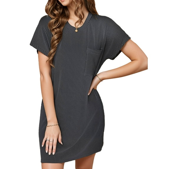 Chiclily Women's Summer Short Sleeve Dresses Crewneck Ribbed Mini Tshirt Dress, Dark Gray XL