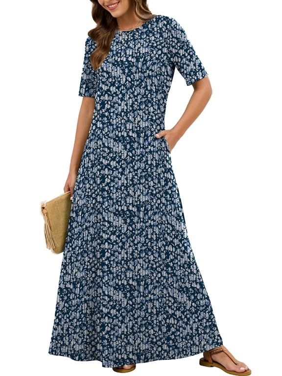 Women's Summer Short Sleeve Maxi Dress with Pockets - Soft Casual Loose Long Boho Sundress for Beach & Vacation, Navy Blue Vertical Floral Size L