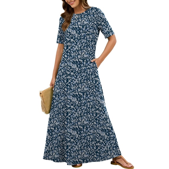 Chiclily Women's Summer Short Sleeve Maxi Dress with Pockets - Soft Casual Loose Long Boho Sundress for Beach & Vacation, Navy Blue Vertical Floral Size M