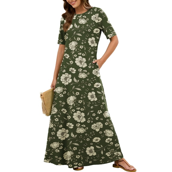 Chiclily Women's Summer Short Sleeve Maxi Dress with Pockets - Soft Casual Loose Long Boho Sundress for Beach & Vacation, Vintage Moss Floral Size 2XL