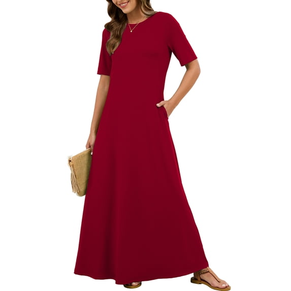 Chiclily Women's Summer Short Sleeve Maxi Dress with Pockets - Soft Casual Loose Long Boho Sundress for Beach & Vacation, Burgundy Size S