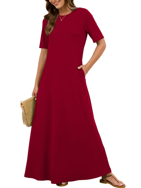 Women's Summer Short Sleeve Maxi Dress with Pockets - Soft Casual Loose Long Boho Sundress for Beach & Vacation, Burgundy Size XL