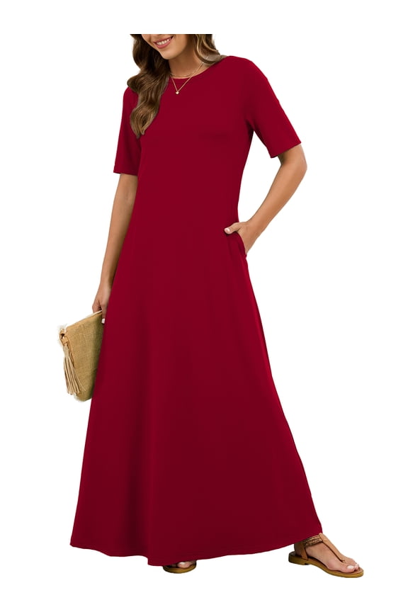 Women's Summer Short Sleeve Maxi Dress with Pockets - Soft Casual Loose Long Boho Sundress for Beach & Vacation, Burgundy Size XL