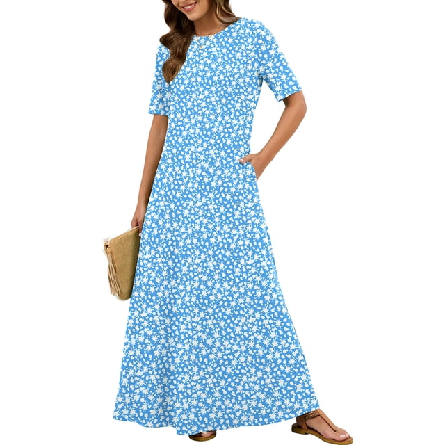 Chiclily Women's Summer Short Sleeve Maxi Dress with Pockets - Soft Casual Loose Long Boho Sundress for Beach & Vacation, Butterflies Size L