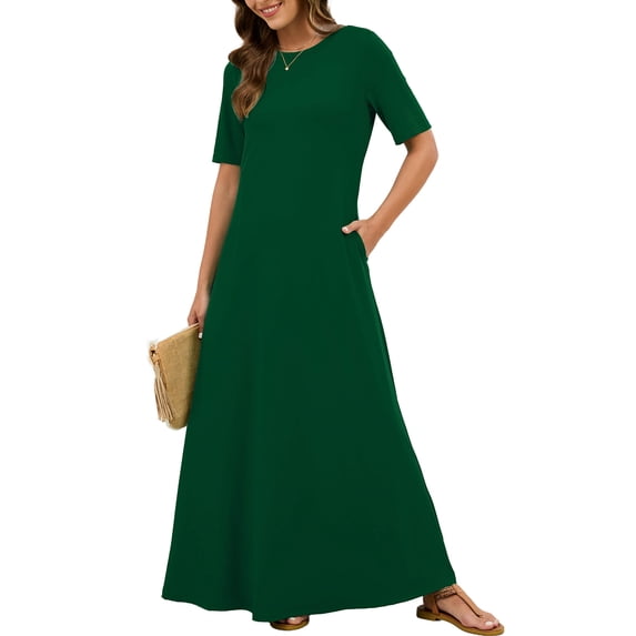 Chiclily Women's Summer Short Sleeve Maxi Dress with Pockets - Soft Casual Loose Long Boho Sundress for Beach & Vacation, Green Size M