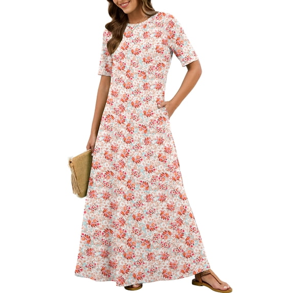 Chiclily Women's Summer Short Sleeve Maxi Dress with Pockets - Soft Casual Loose Long Boho Sundress for Beach & Vacation, Red Blossom Mottle Size XL