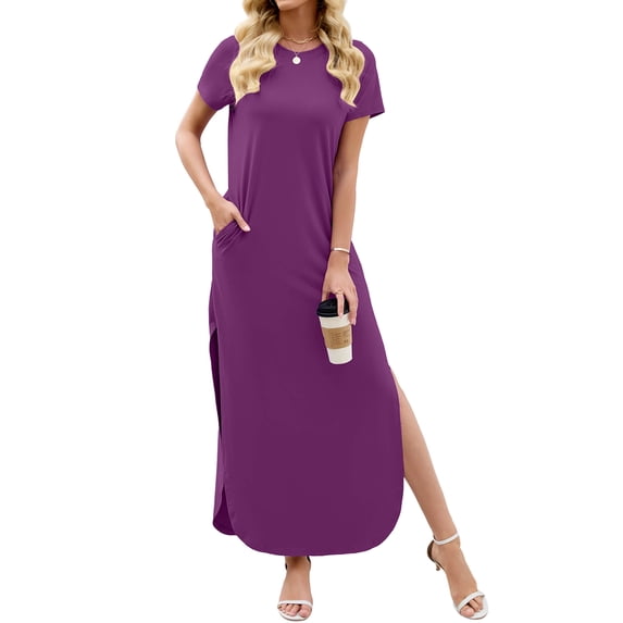 Chiclily Women's Summer Maxi Dress Loose Short Sleeve T-Shirt Long Dress Casual Side Split Sundress with Pockets, S-2XL