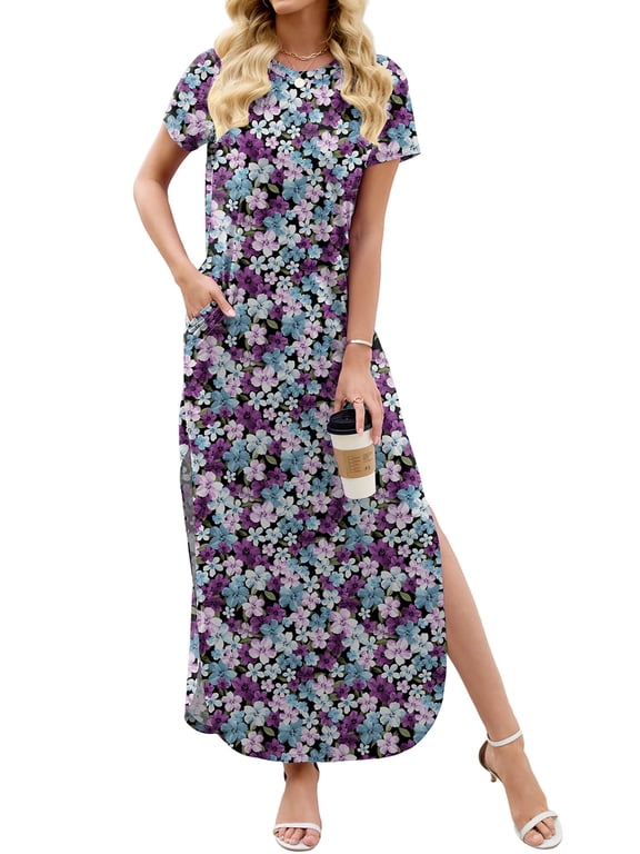 Women's Summer Maxi Dress Loose Short Sleeve T-Shirt Long Dress Floral Casual Side Split Sundress with Pockets, S-2XL