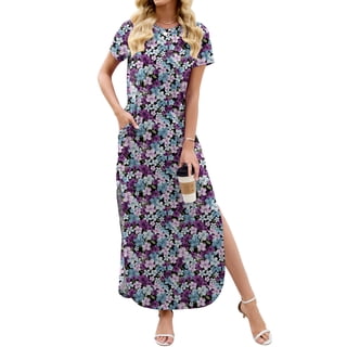 Chiclily Women's Summer Maxi Dress Loose Short Sleeve T-Shirt Long Dress Floral Casual Side Split Sundress with Pockets, S-2XL