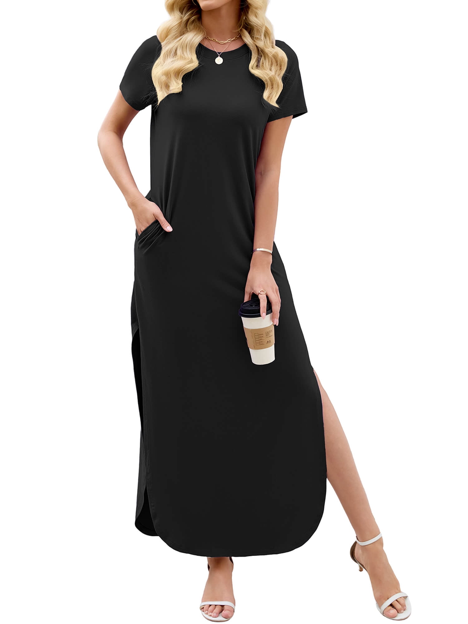 short sleeve maxi sheath dress Chiclily Women's Summer Maxi Dress Loose Short Sleeve T-Shirt Long Dress Casual Side Split Sundress with Pockets, S-2xl, Black
