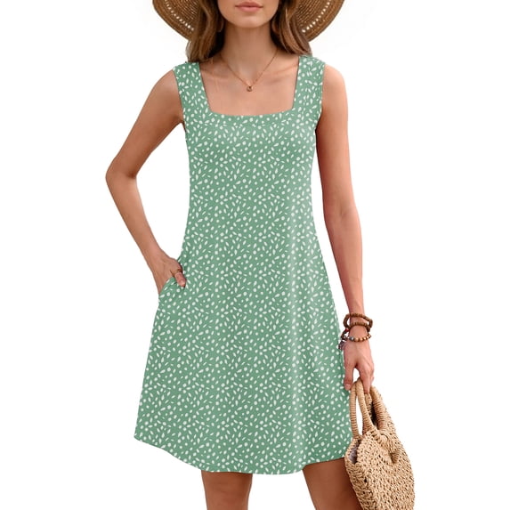 Women's Summer Square Neck Sleeveless Dress with Pockets, Leaves Green Casual A-Line Mini Sundress, Beach Vacation Tank Dress, Size L