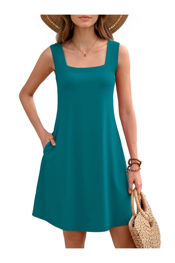 Women's Summer Square Neck Sleeveless Dress with Pockets, Lake Blue Casual A-Line Mini Sundress, Beach Vacation Tank Dress, Size L