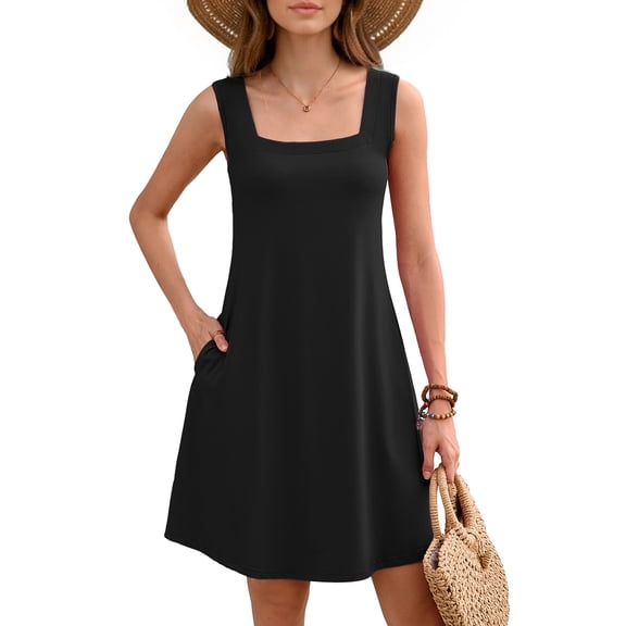 Women's Summer Square Neck Sleeveless Dress with Pockets, Black Casual A-Line Mini Sundress, Beach Vacation Tank Dress, Size L